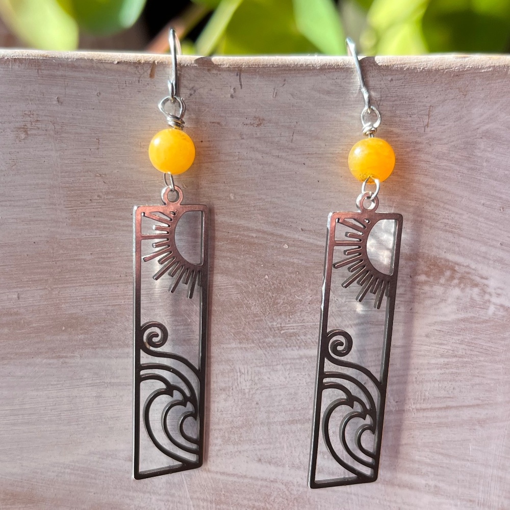 Handmade Upcycled Earrings - Sun and Ocean Waves - Hypoallergenic- NEW